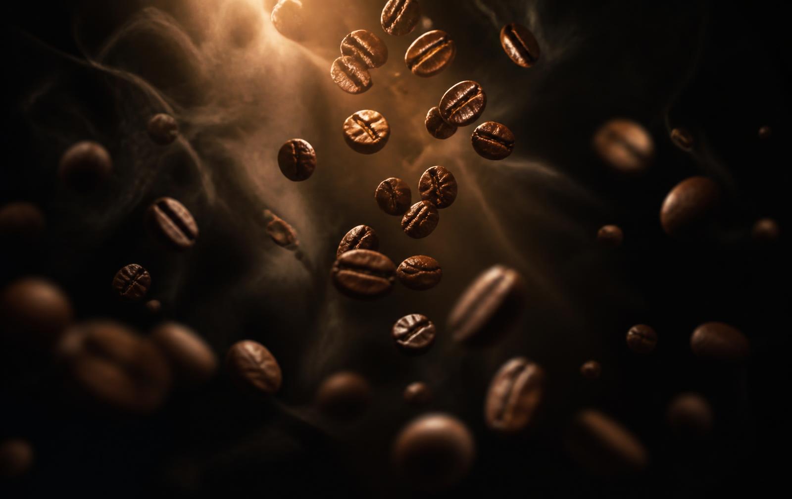 Roasted coffee beans falling through a beam of warm light