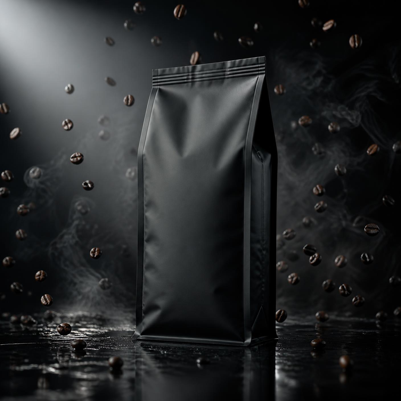 EIS COFFEE signature blend packaging in a dark studio with flying coffee beans