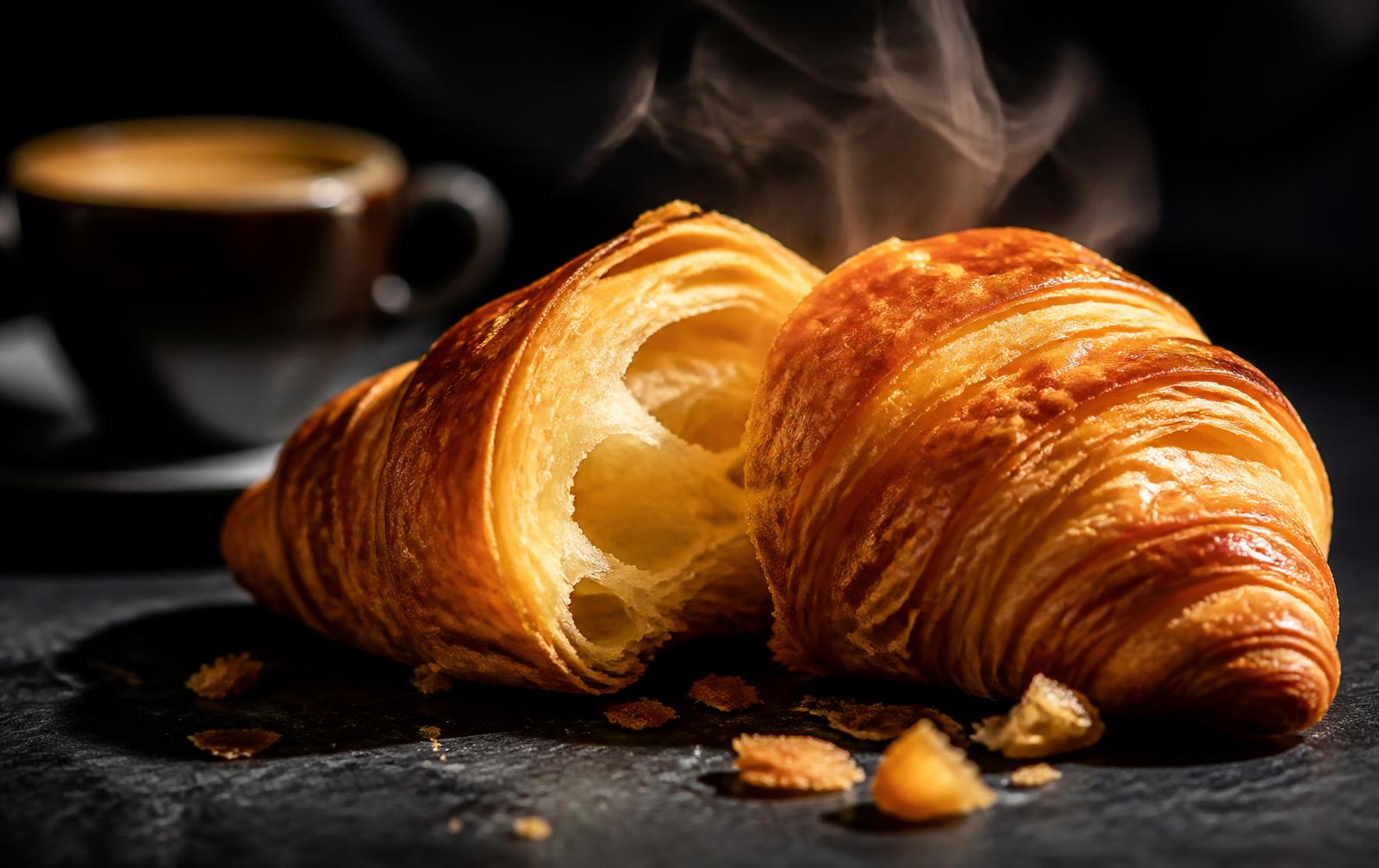 Croissant torn open showing steaming flaky layers