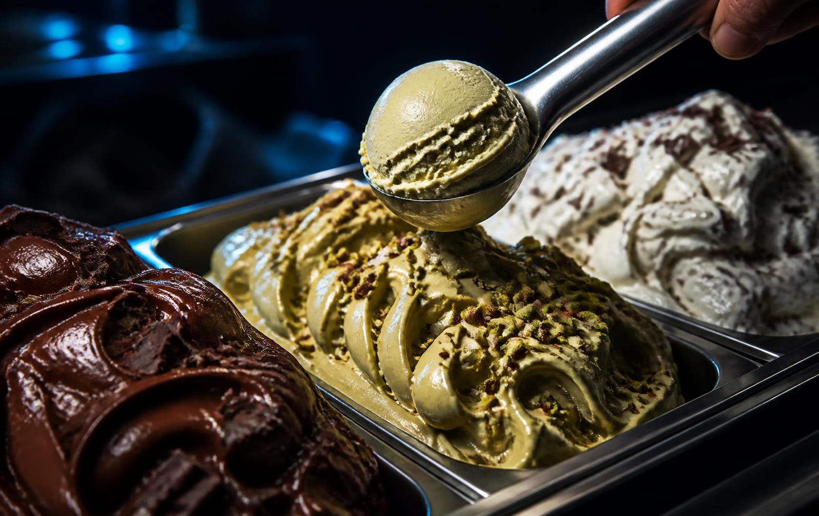 Gelato scoop being lifted from a pistachio gelato tray