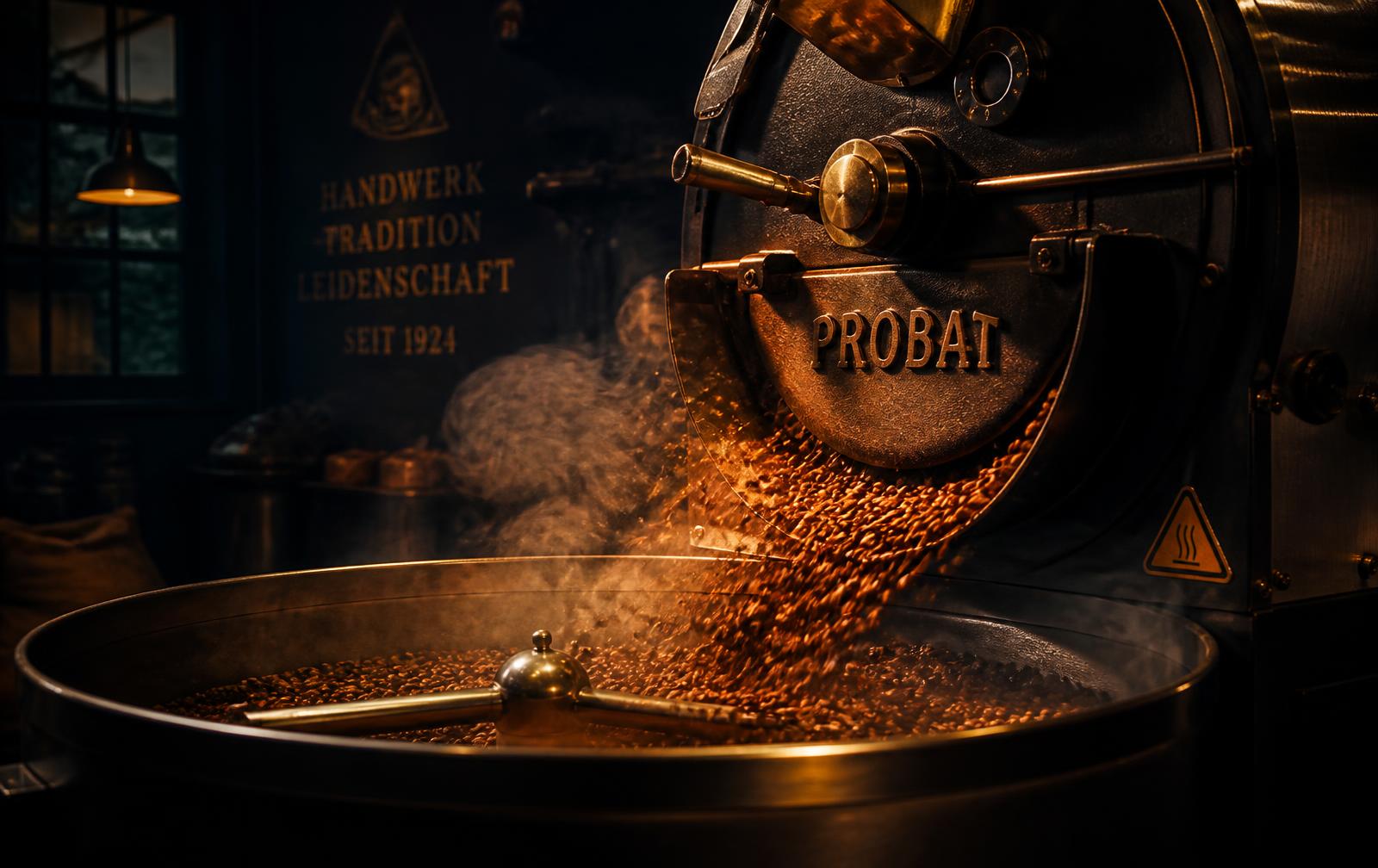 Roasted coffee beans dropping from a roasting drum