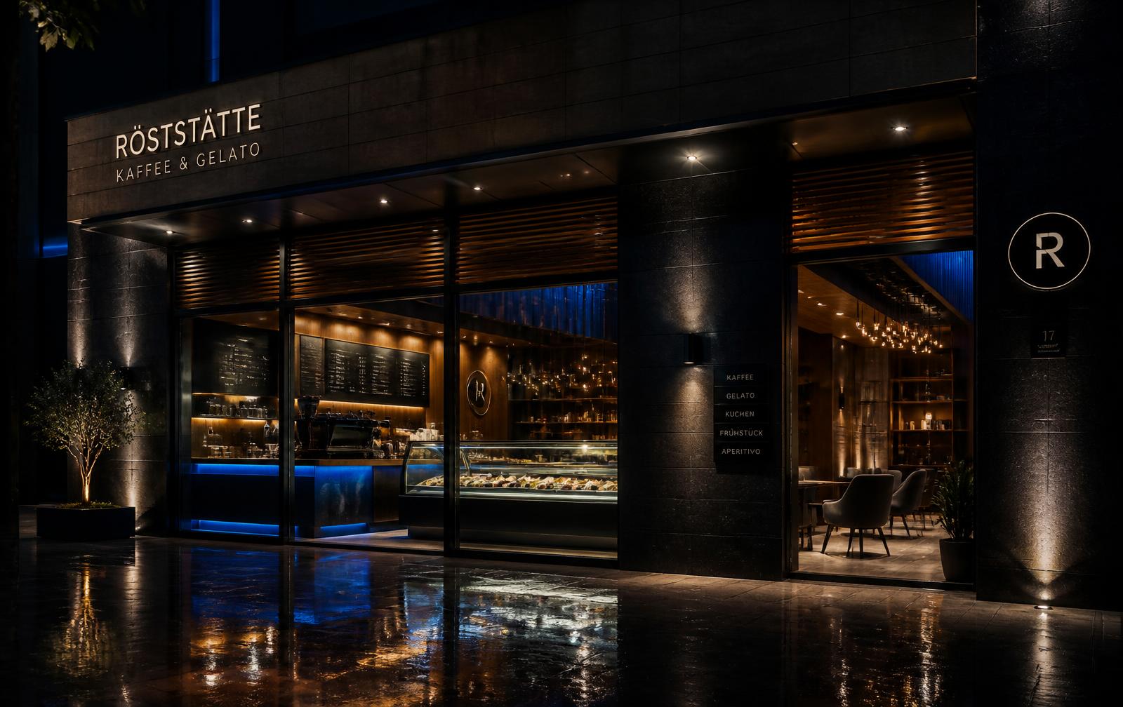 EIS COFFEE store at night with glass facade and lit espresso bar